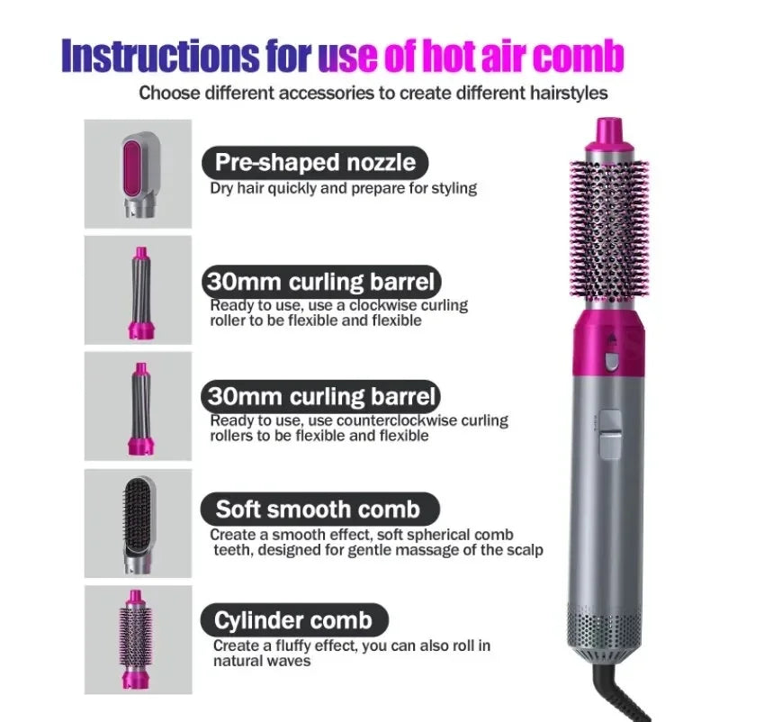 Muti-Functional 5 IN 1 Hair Styling Tool Detachable Hot Air Brush Hair Dryer with Comb